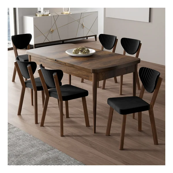 Canisa Exve Serisi 80 x 132 Açılabilir Barok Ahşap Desen Masa Takımı ve 6 Gri Sandalye - Görsel 10