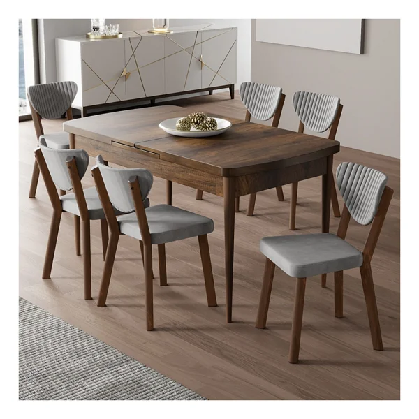 Canisa Exve Serisi 80 x 132 Açılabilir Barok Ahşap Desen Masa Takımı ve 6 Gri Sandalye - Görsel 8