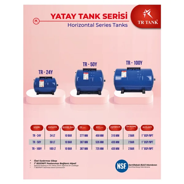 Trtank Profesyonel 100 Litre Yatay Ayaklı Nsf Membranlı Hidrofor Genleşme Tankı - Görsel 2