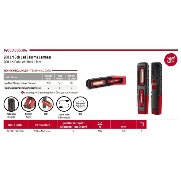 İzeltaş İzeltaş Cob Led Şarjlı Çalışma Lambası 200 Lm - Görsel 4