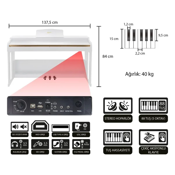 Jwin Sapphire SDP-214 Çekiç Aksiyonlu Beyaz Dijital Piyano - Görsel 9