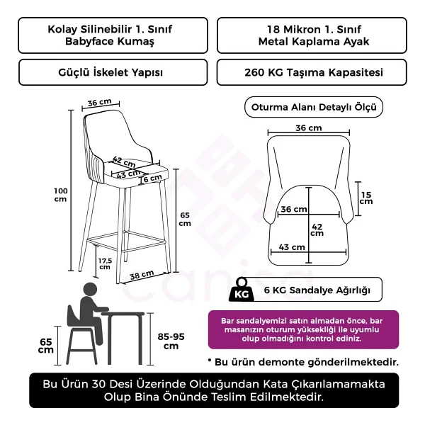 Canisa Tera Serisi 6 Adet Babyface Kumaş 65 cm Krom Kaplama Ayaklı Bar Sandalyesi - Mürdüm - Görsel 3