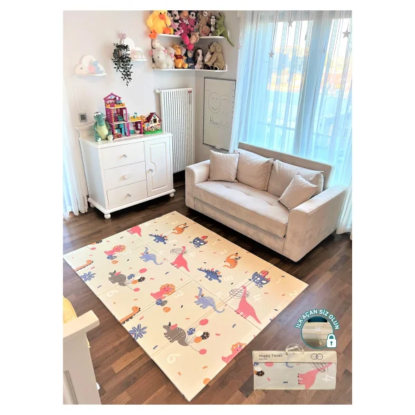 Happy Twins Dino Road Katlanabilir Çift Taraflı Oyun Matı 150X200X1CM - 150 x 200 x 1 cm - Renkli - Görsel 2