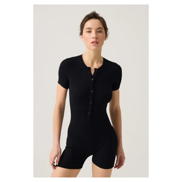 Los Ojos Siyah Fitilli Kısa Kollu Kısa Tulum Short Romper - Görsel 3