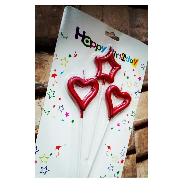 Red Heart Candle 2 Adet Metalik Kırmızı Kalpli Pasta Mumu 1 Adet Yıldız Mum Kalpli Doğum Günü Mumu - Görsel 2