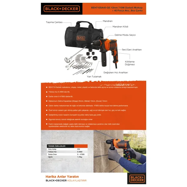 Black+Decker BEH710SA40 710 W Darbeli Matkap - Görsel 4