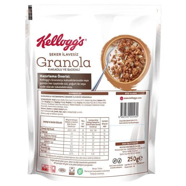 Kellogg's Şeker İlavesiz Kakaolu ve Bademli Granola 250 gr - Görsel 2