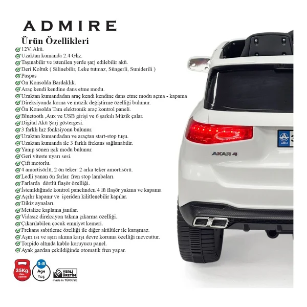 Akar Oyuncak Admire GT 4x2 Beyaz 12 V Uzaktan Kumandalı Akülü Araba - Görsel 5
