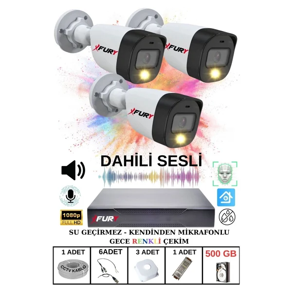 Fury 3 Lü Sesli Gece Renkli Görüş Güvenlik Kamerası Su Geçirmez Güvenlik Kamerası Seti 500GB - Görsel 6
