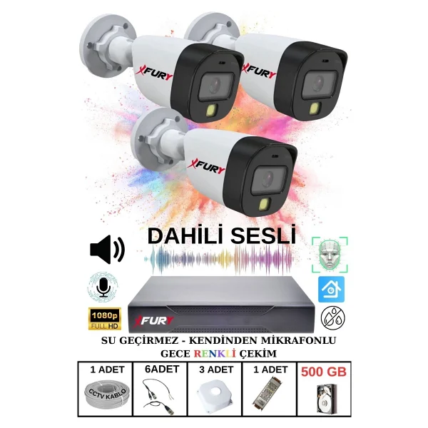 Fury 3 Lü Sesli Gece Renkli Görüş Güvenlik Kamerası Su Geçirmez Güvenlik Kamerası Seti 500GB - Görsel 2