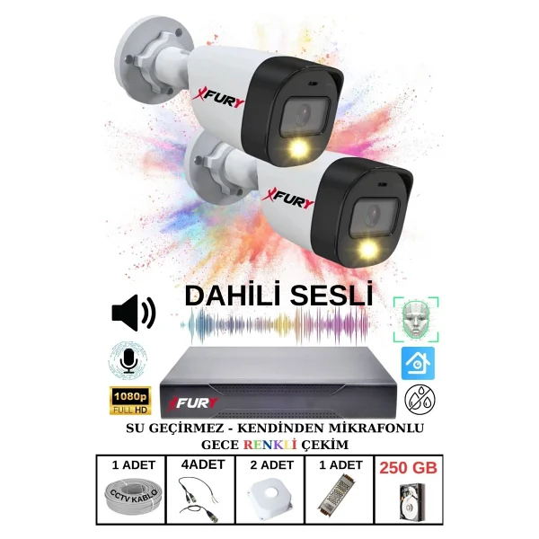 Fury 2 Li Sesli Gece Renkli Görüş Güvenlik Kamerası Su Geçirmez Güvenlik Kamerası Seti 250GB - Görsel 6