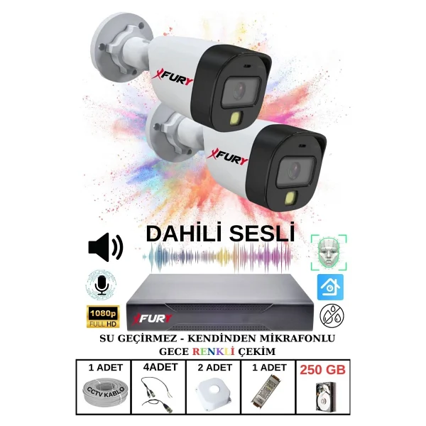 Fury 2 Li Sesli Gece Renkli Görüş Güvenlik Kamerası Su Geçirmez Güvenlik Kamerası Seti 250GB - Görsel 2