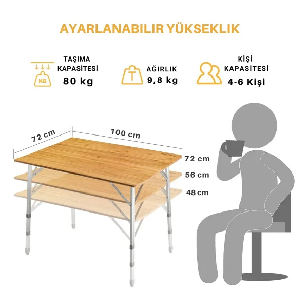 Kingcamp Bamboo All-Terrain 100x70 cm Ahşap Katlanır Kamp Masası - Görsel 6