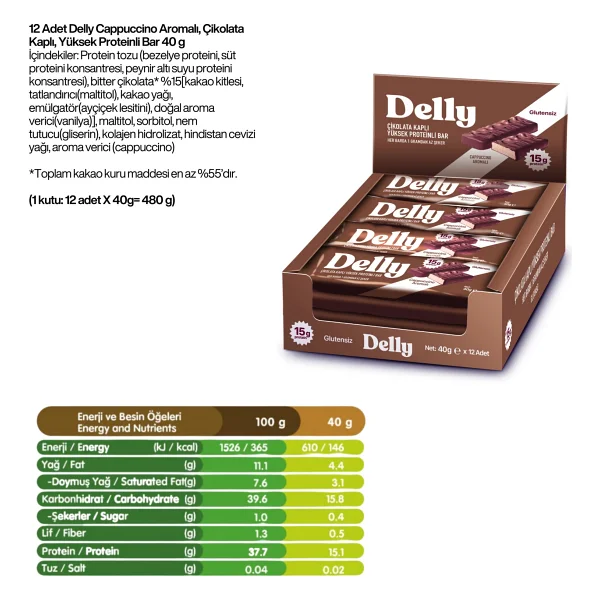 Delly Cappuccino Aromalı Çikolata Kaplı Yüksek Proteinli Bar 40 gr 12'li - Görsel 2