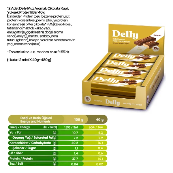 Delly Muz Aromalı, Çikolata Kaplı, Yüksek Protein Bar 40G - 12 Adet - Görsel 2