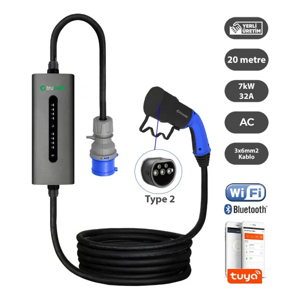 Truwatt ZTA320 Taşınabilir Elektrikli Araç Şarj Cihazı 32A/7KW/220V (20 Metre) - Görsel 7
