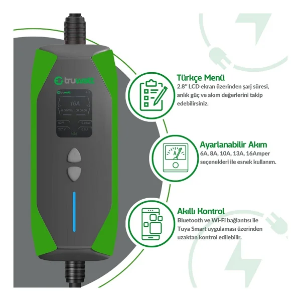 Truwatt ZT220 Taşınabilir Elektrikli Araç Şarj Cihazı 16A/3.5KW/220V (20 Metre) - Görsel 3