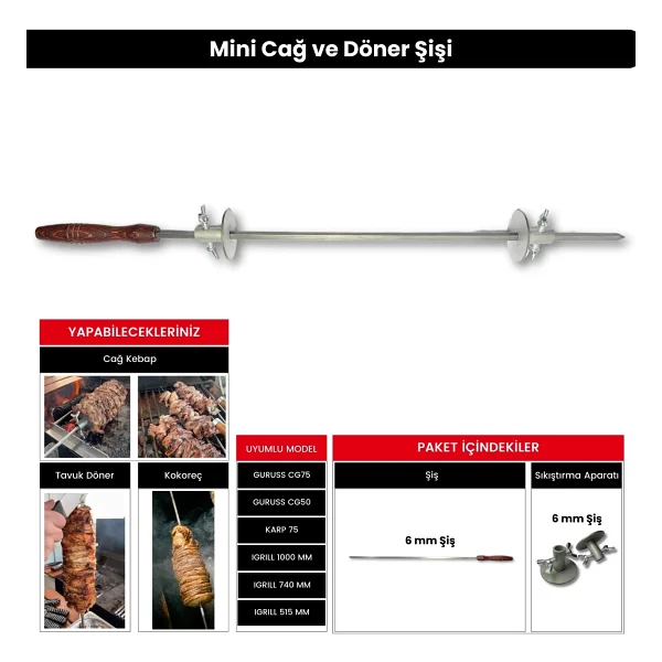 Mini Cağ ve Döner Şişi Paslanmaz Çelik Şiş (57 cm) + (2 Adet Et Sıkıştırma Aparatı) - Görsel 6