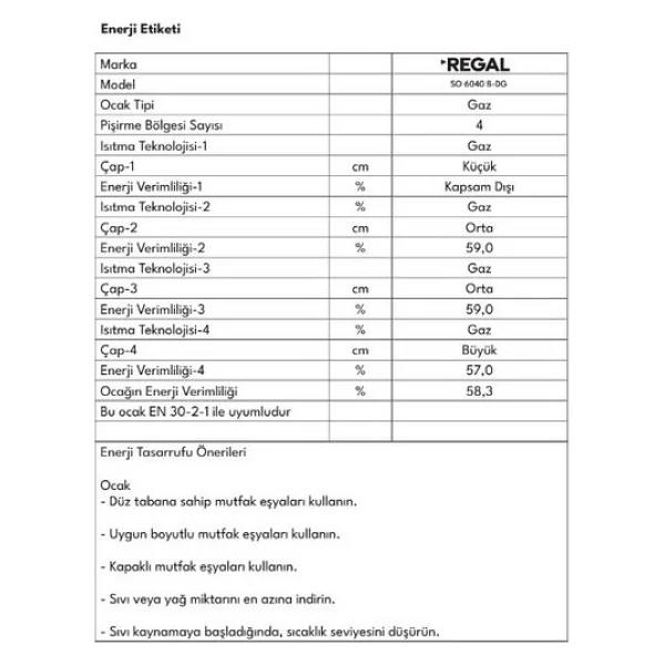 Regal SO 6040 B DG Beyaz Set Üstü Ocak - Görsel 5
