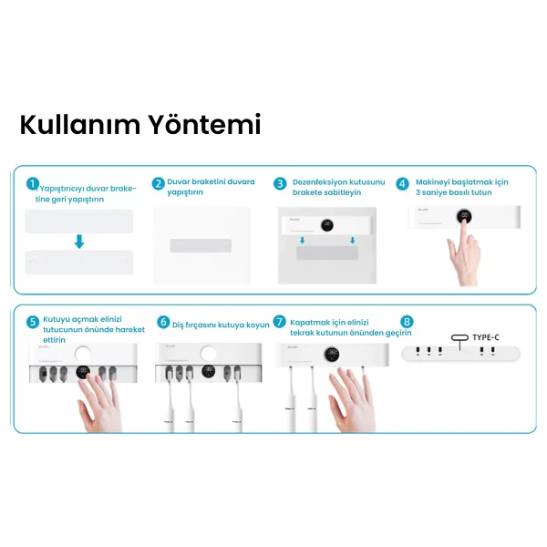 Pluzz Tam Otomatik Şarj Edilebilir Diş Fırçası Tutacağı ve Sensörlü Uv Sterilizatör - Mavi - Görsel 8