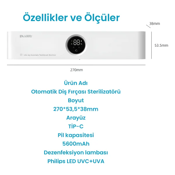Pluzz Tam Otomatik Şarj Edilebilir Diş Fırçası Tutacağı ve Sensörlü Uv Sterilizatör - Mavi - Görsel 10
