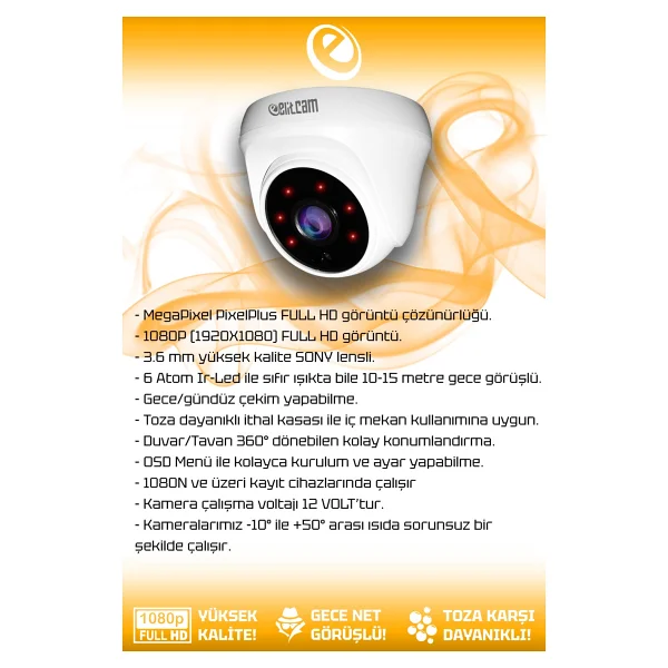 ELITCAM 4 Kameralı Dome 4 İç Kamera Set HDD'siz Full HD Gece Görüşlü Güvenlik Kamerası Sistemi - Görsel 2