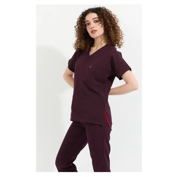 Happiness Spaniard - Likralı Doktor Hemşire Forma Takımı Scrubs Üniforma Cerrahi Takım (Kadın), Mürdüm - Görsel 5