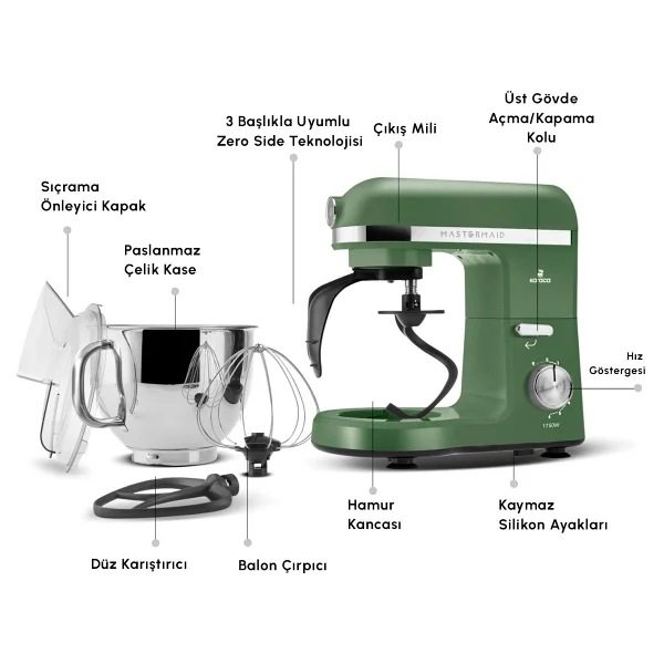 Karaca Mastermaid Chef Pro Çift Kollu 1750 W 5 lt Emerald Green Stand Mikser - Görsel 3