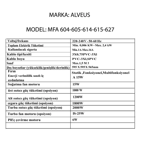 Alveus MFA 605 Siyah Ankastre Fırın - Görsel 7