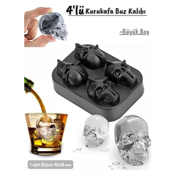4'lü Kuru Kafa Buz Kalıbı Silikon Kurukafa Çikolata Kalıbı Siyah 40X28 mm - Görsel 4