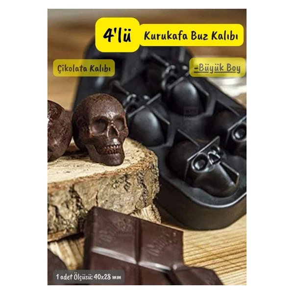 4'lü Kuru Kafa Buz Kalıbı Silikon Kurukafa Çikolata Kalıbı Siyah 40X28 mm - Görsel 3