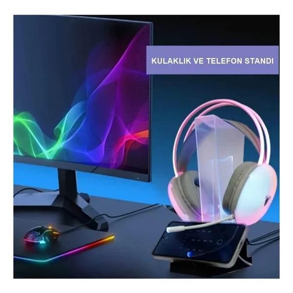 Rgb Oyuncu Kulaklığı Standı + Telefon Standı LED Işık Kulaklık ve Telefon Tutucu - Görsel 5