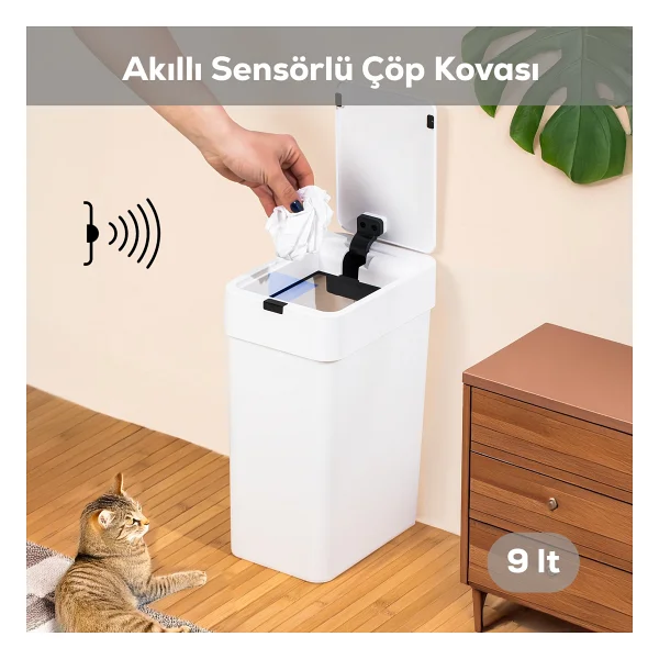 Porsima Me-06 Hareket Sensörlü Sessiz Kapatma Çöp Kutusu Banyo Mutfak Çöp Kovası Kapaklı Banyo Çöp Kovası 9 Lt - Görsel 3
