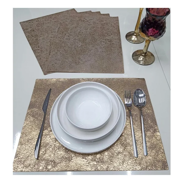 6 Kişilik Dikdörtgen Suni Deri Amerikan Servis Supla (PLACEMAT)/30 x 40 cm /6 Adet - Gold - Görsel 6