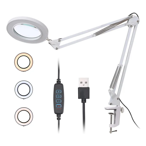 MDS LED Işıklı Katlanabilir Büyüteç Lamba - 5X/8X USB Masa Üstü Büyüteç, Hobi ve Okuma İçin - Beyaz - Görsel 6