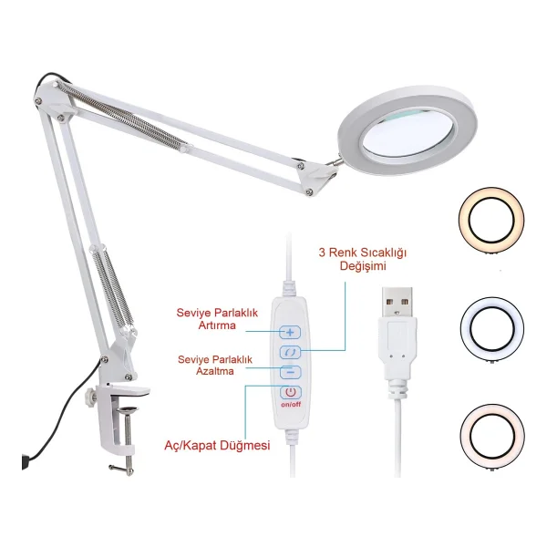 MDS LED Işıklı Katlanabilir Büyüteç Lamba - 5X/8X USB Masa Üstü Büyüteç, Hobi ve Okuma İçin - Beyaz - Görsel 4