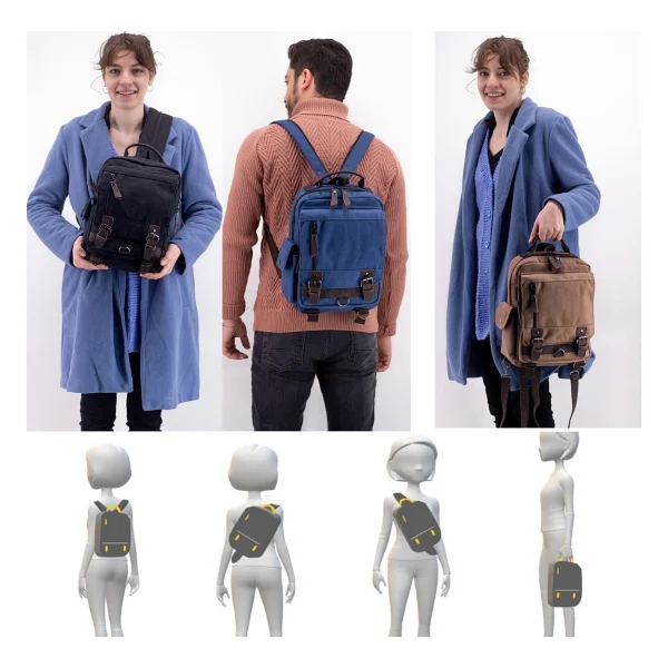 Cappadocia Vintage 4012 Çok Fonksiyonlu Sırt Çantası, 14 inç Laptop, Günlük, Postacı Çantası Yumuşak Dokulu Pamuk Gabardin (Kahverengi Kırmızı Sarı) - Görsel 6