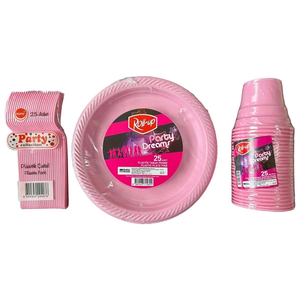 Piknik Davet Doğum Günü Omeyva Sofra Seti - 25 Kişilik Pembe Tabak Bardak Çatal Takımı - Görsel 7