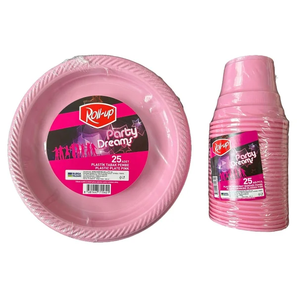Piknik Davet Doğum Günü Omeyva Sofra Seti - 25 Kişilik Pembe Tabak Bardak Çatal Takımı - Görsel 2