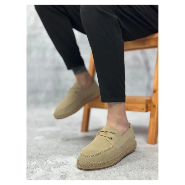 BOA BA0358 Boa Doğal Deri Tozu Bağcıklı Kauçuk El Yapımı Espadril Taban Bej Renk Erkek Ayakkabı - 41 - Kum Beji - Görsel 4