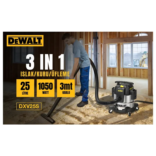 Dewalt DXV25S 1050 W Islak Kuru Sanayi Tipi Süpürge - Görsel 6