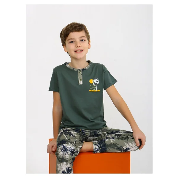 Erkek Çocuk Kısa Kollu Düğme Detaylı %100 Pamuklu Pijama Takımı The Palm - Lacivert - Görsel 7