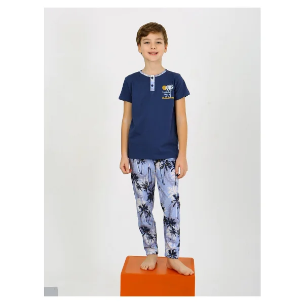 Erkek Çocuk Kısa Kollu Düğme Detaylı %100 Pamuklu Pijama Takımı The Palm - Lacivert - Görsel 2