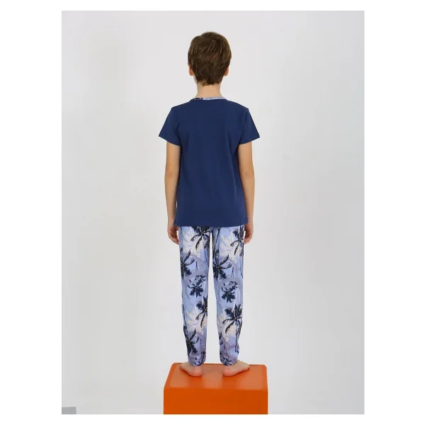Erkek Çocuk Kısa Kollu Düğme Detaylı %100 Pamuklu Pijama Takımı The Palm - Lacivert - Görsel 4