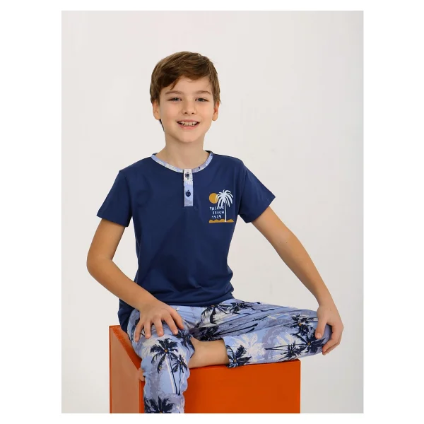 Erkek Çocuk Kısa Kollu Düğme Detaylı %100 Pamuklu Pijama Takımı The Palm - Lacivert - Görsel 5