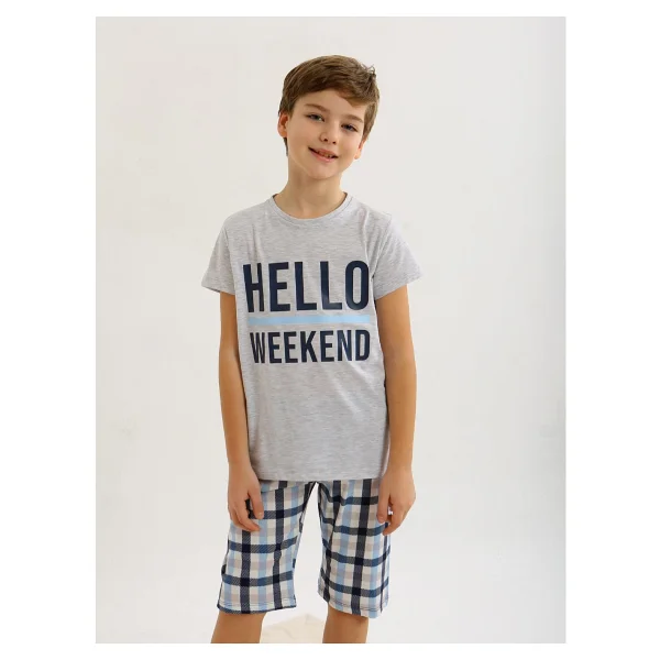 Erkek Çocuk Kısa Kollu Kapri %100 Pamuklu Pijama Takımı Hello Weekend - Karmelanj - Görsel 7