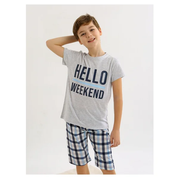 Erkek Çocuk Kısa Kollu Kapri %100 Pamuklu Pijama Takımı Hello Weekend - Karmelanj - Görsel 2
