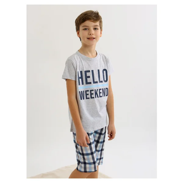 Erkek Çocuk Kısa Kollu Kapri %100 Pamuklu Pijama Takımı Hello Weekend - Karmelanj - Görsel 3
