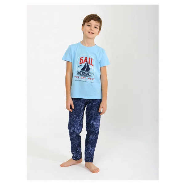 Erkek Çocuk Kısa Kollu %100 Pamuklu Pijama Takımı Sail - Mavi - Görsel 3