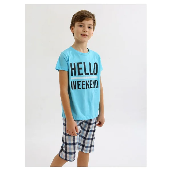 Erkek Çocuk Kısa Kollu Kapri %100 Pamuklu Pijama Takımı Hello Weekend - Turkuaz - Görsel 4